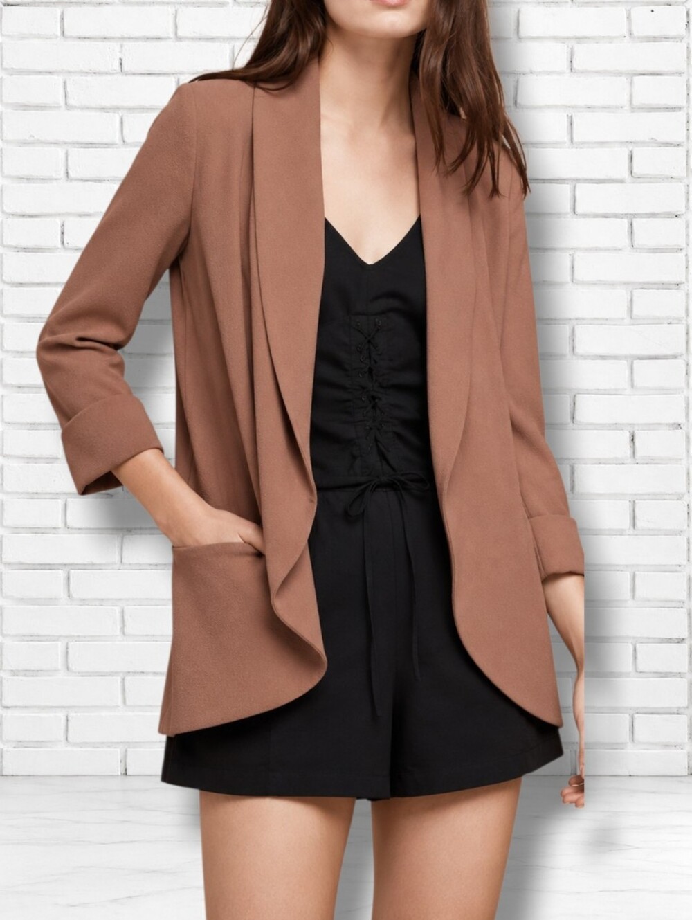 Aritzia Wilfred Chevalier Size 4 Caramel Brown Open Long Line Cardigan Blazer